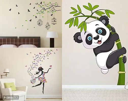 Ghar Kraft Dream Girl and Flying Bird with Cage PVC Wall Sticker +1 Baby Panda Sticker Wall Decals for Home, Living Room, Bedroom Decoration