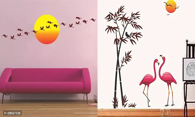 Ghar Kraft Set of 2 Wall Sticker Sunrise with Flying Birds and Sunset Swan Wall Sticker