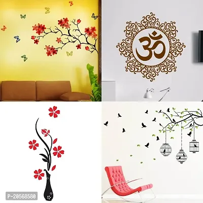 Ghar Kraft Set of 4 Combo Wall Stickers|Chinese Flower|Designer Om|Flower Vase Red|Flying Birds  case