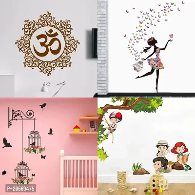 Ghar Kraft Set of 4 Combo Wall Stickers|Designer Om|Dreamy Girl|Branches and Cages|Kids Activity|