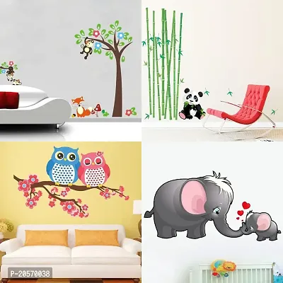 Ghar Kraft Set of 4 Combo Wall Stickers |Monkey Tree|Panda with Bamboo Sticks|Owl Always Love You|Mom and Kid Elephant