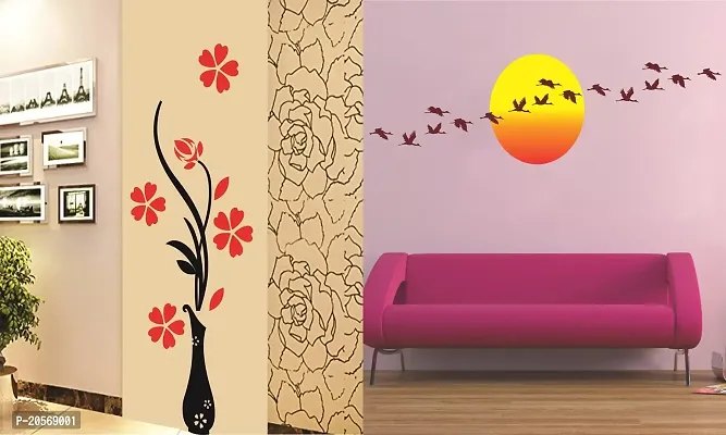 Ghar Kraft Set of 2 Wall Sticker Flower Vase Red and Sunrise with Flying Birds Wall Sticker-thumb0