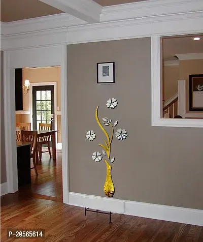 Ghar Kraft?Silver Flower with Golden Vase Acrylic Wall Sticker-thumb2