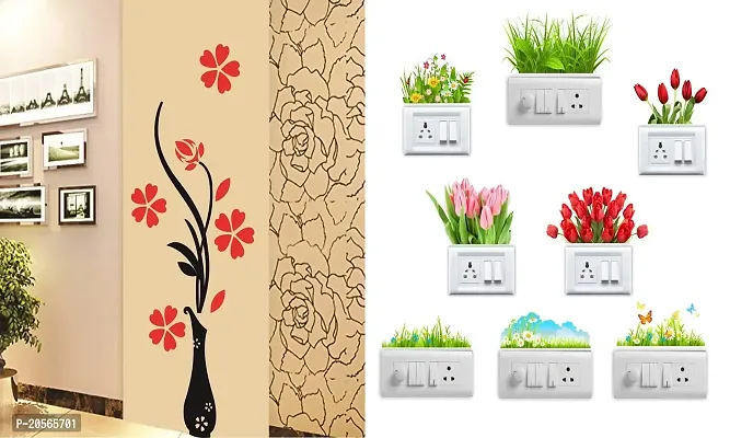 Ghar Kraft Set of 2 Wall Sticker Flower Vase Red and Sb Flower Wall Sticker