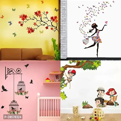 Ghar Kraft Set of 4 Combo Wall Stickers|Chinese Flower|Dreamy Girl|Branches and Cages|Kids Activity|