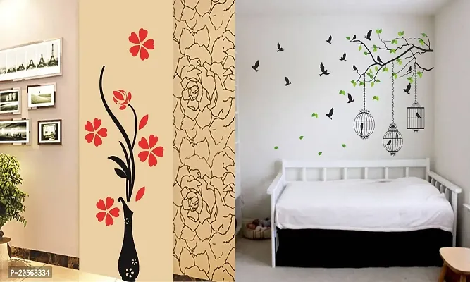 Ghar Kraft Set of 2 Wall Sticker Flower Vase Red and Flying Bird with Cage Wall Sticker-thumb0