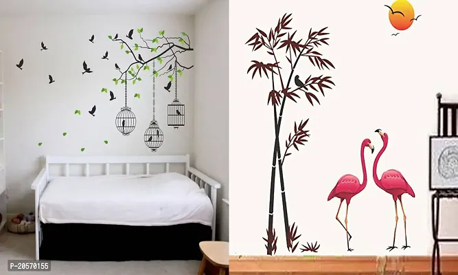 Ghar Kraft Set of 2 Wall Sticker Flying Bird with Cage and Sunset Swan Wall Sticker