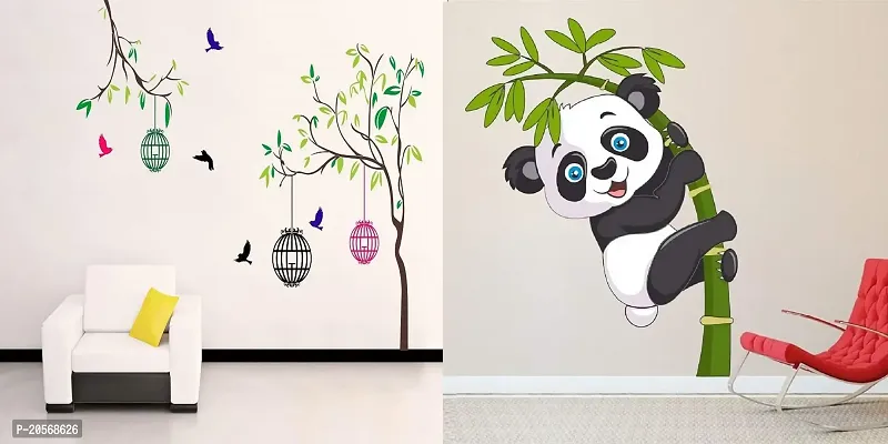 Ghar Kraft Set of 2 Free Bird Case Baby Panda Self Adhesive Hall, Living Room, Kids Room Wall Sticker