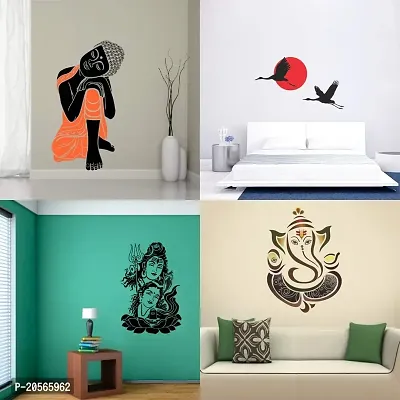 Ghar kraft Vinyl Self Adhesive Sleeping Buddha, Royal Ganesh, Shiv Parwati, Sunrise with Birds Wall Stickers -Pack of 4