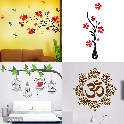 Ghar Kraft Set of 4 Combo Wall Stickers|Chinese Flower|Birdcase Key|Designer Om|Flower Vase Red|