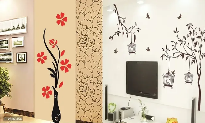 Ghar Kraft Set of 2 Wall Sticker Flower Vase Red and Free Bird Cage Brown Wall Sticker