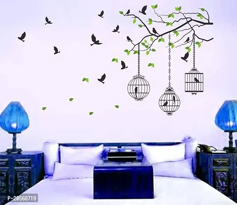 Ghar Kraft Set of 2 PVC Wall Sticker (Flying Bird with Cage and Magical Tree)-thumb2