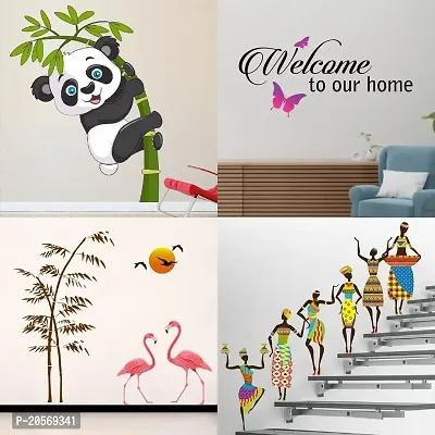 Ghar Kraft Set of 4 Combo Wall Stickers|Baby Panda|Sunset swan Love|Tribal Lady|Welcome Home Butterfly|