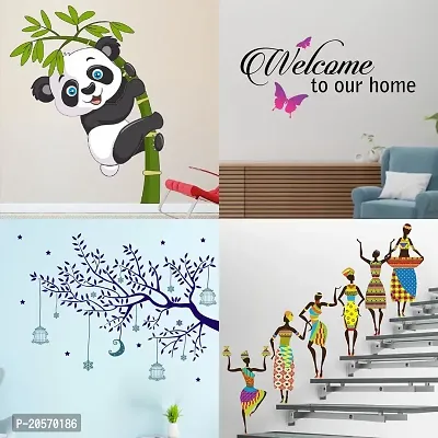 Ghar Kraft Set of 4 Combo Wall Stickers|Baby Panda|Tribal Lady|Welcome Home Butterfly|Blue Tree Moon|