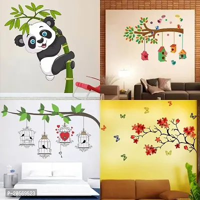 Ghar Kraft Set of 4 Combo Wall Stickers|Chinese Flower|Baby Panda|Bird House Branch|Birdcase Key-thumb0