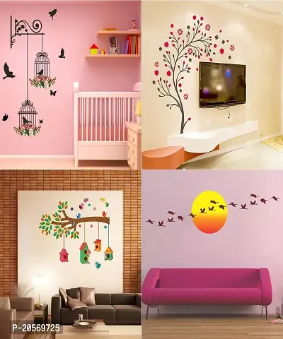 Ghar Kraft PVC Vinyl Fantasy Wall Sticker (Bird House On A Branch, Branches and Cages, Magical Tree, Sunrise with Flying Birds) - Set of 4