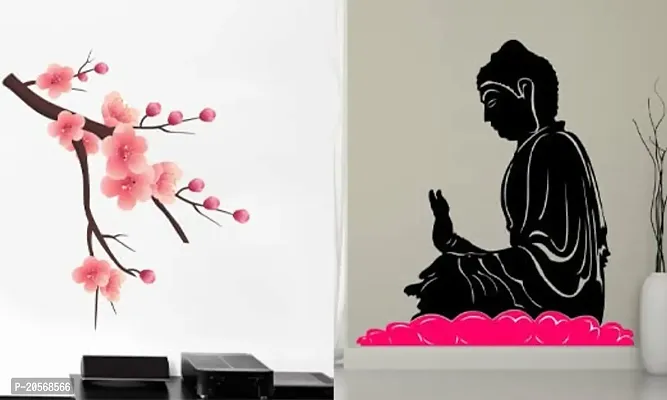 Ghar Kraft Combo Set of 2 Wall Stickers Branch with Flowers|Buddha in Meditation