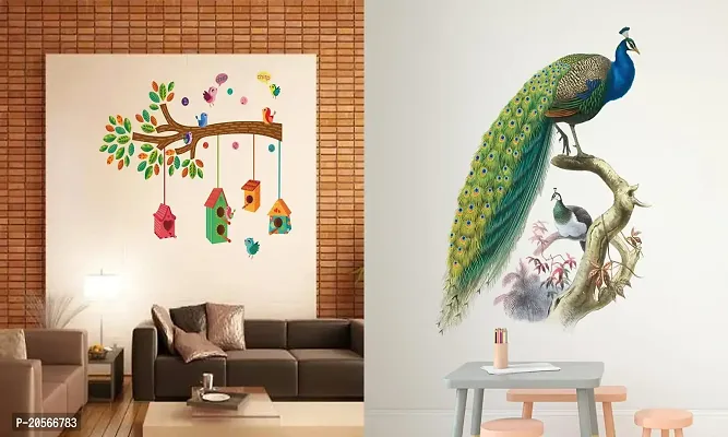 Ghar Kraft Set of 2 Wall Sticker Bird House On A Branch and Nature Peacock Wall Sticker