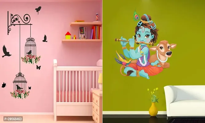 Ghar Kraft Set of 2 Wall Sticker Branches and Cages and Lord Krishna Playing with Cow Wall Sticker-thumb0