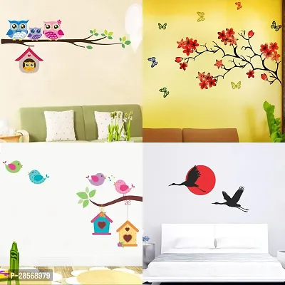 Ghar Kraft Set of 4 Combo Wall Stickers |Owls Cute Famliy|Chinese Flower|Singing Bird with Case|Sunrise-thumb0