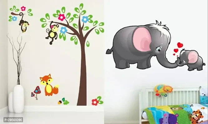 Ghar Kraft Combo Set of 2 Wall Stickers |Mom and Kid Elephant|Monkey Hanging On Tree