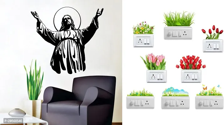 GHAR KRAFT Jesus New Wall Sticker and Flowers Switch Board for Room, Hall, Kitchen (PVC Viny)