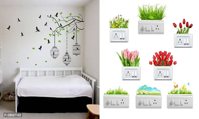 Ghar Kraft Set of 2 Wall Sticker Flying Bird with Cage and Sb Flower Wall Sticker