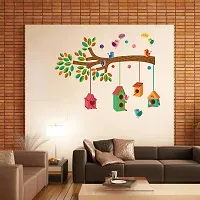 Ghar Kraft Set of 4 Multicolor Wall Sticker Bird House On A Branch|Bird Vine|Birdcase with Key|Bismillaherahmanerahim Material - Vinyl-thumb1