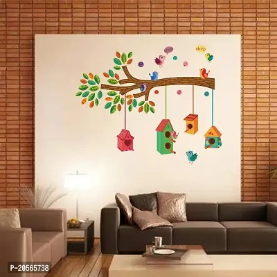 Ghar Kraft Set of 4 Multicolor Wall Sticker Bird House On A Branch|Bird Vine|Birdcase with Key|Bismillaherahmanerahim Material - Vinyl-thumb2