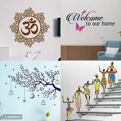 Ghar Kraft Set of 4 Combo Wall Stickers|Designer Om|Tribal Lady|Welcome Home Butterfly|Blue Tree Moon|