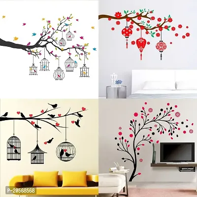 Ghar Kraft Set of 4 Combo Wall Stickers|Branches Flowers  BirdCages|Lovebirds  Hearts|Magical Tree|Red Flower Lantern