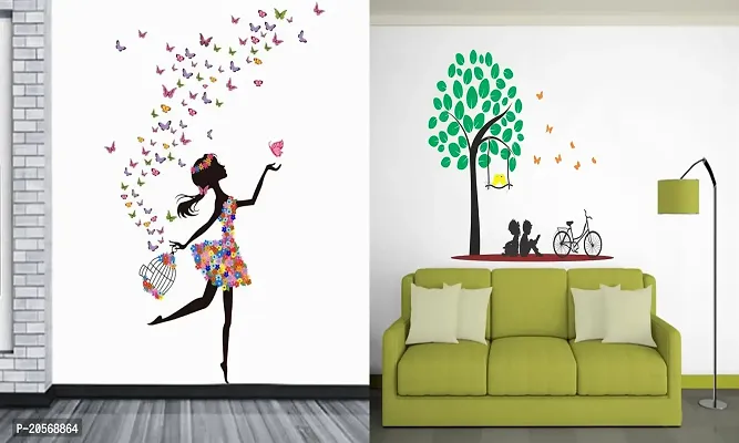 Ghar Kraft Set of 2 Wall Sticker Dream Girl and Kids Under The Tree Wall Sticker