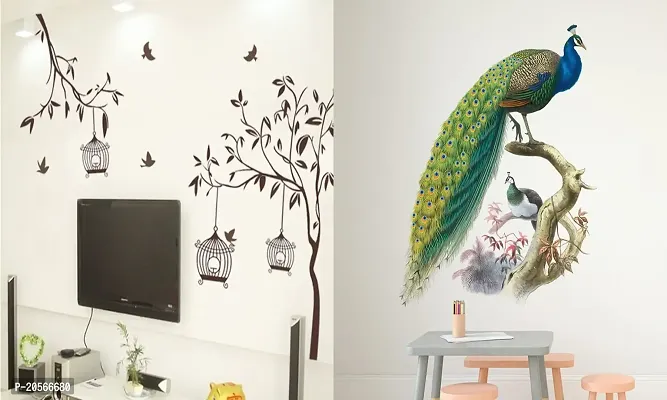 Ghar Kraft Set of 2 Wall Sticker Free Bird Cage Brown and Nature Peacock Wall Sticker-thumb0