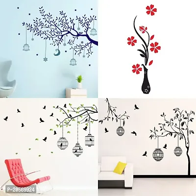 Ghar Kraft Set of 4 Combo Wall Stickers|Blue Tree Moon|Flower Vase Red|Flying Birds  case|Free Bird case Black|