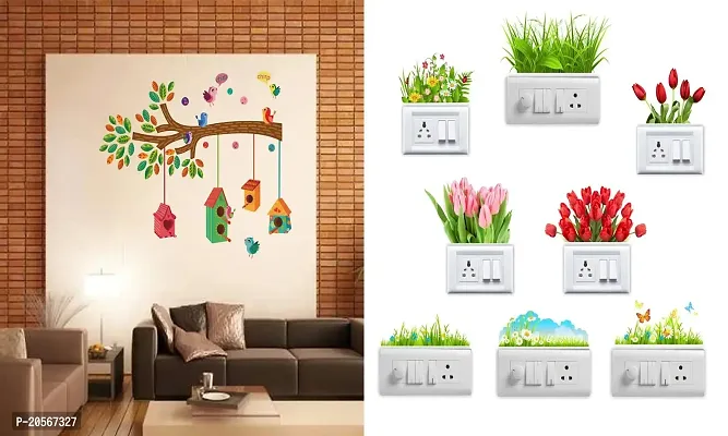 Ghar Kraft Set of 2 Wall Sticker Bird House On A Branch and Sb Flower Wall Sticker