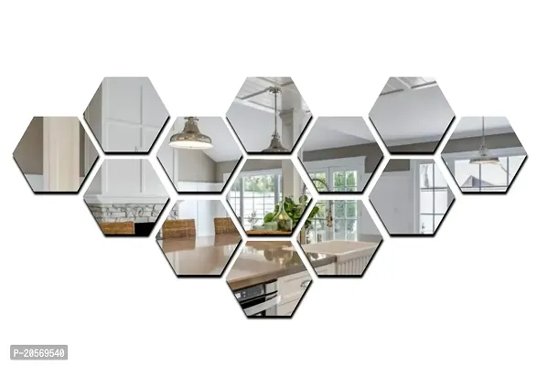 Ghar Kraft Hexagon 13 Silver 3D Mirror Acrylic Wall Sticker | Wall Decals for Home, Living Room, Bedroom Decoration