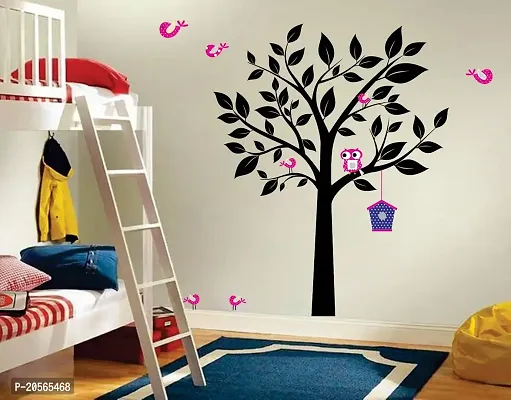 Ghar Kraft Cute Black Tree Pink owl Bird 3 Wall Sticker