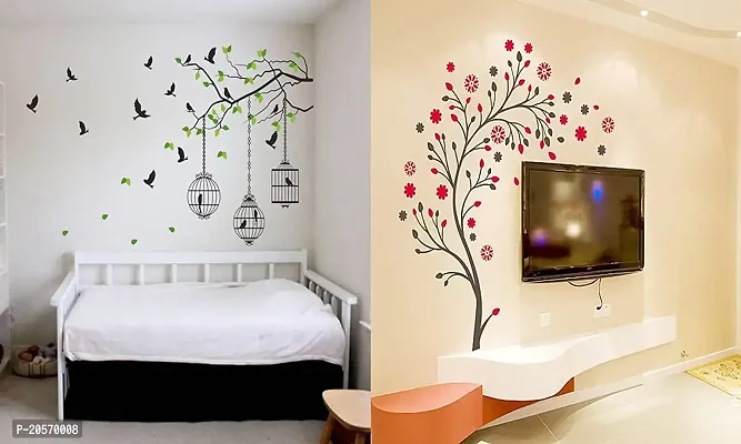 Ghar Kraft Set of 2 PVC Wall Sticker (Flying Bird with Cage and Magical Tree)-thumb0