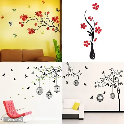 Ghar Kraft Set of 4 Combo Wall Stickers|Chinese Flower|Flower Vase Red|Flying Birds  case|Free Bird case Black|