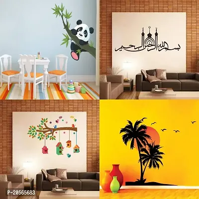 Ghar Kraft Self Adhesive Wall Stickers of Bismillahe A Rahmane Rahim, Panda Hanging On A Branch, Beach with Sunset, Bird House On A Branch Pack of 4