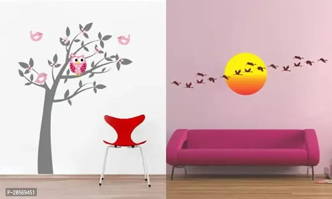 Ghar Kraft Combo Set of 2 Wall Stickers |Owl Tree|Sunrise with Flying Bird