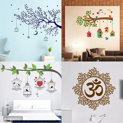 Ghar Kraft Set of 4 Combo Wall Stickers|Blue Tree Moon|Bird House Branch|Birdcase Key|Designer Om|-thumb0