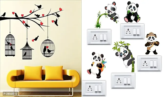 Ghar Kraft Set of 2 Wall Sticker Love Birds with Hearts and Sb Panda Wall Sticker