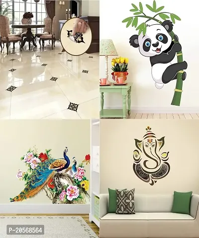 Ghar Kraft Set of 4 Wall Sticker Royal Peacock | Baby Panda | Black with Golden Leaf Floor | Black with Golden Leaf Floor | Black with Golden Leaf Floor | Royal Ganesh