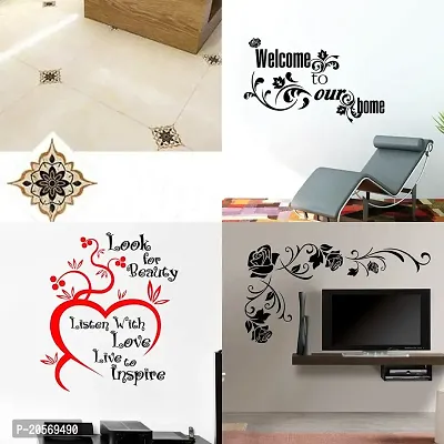 Ghar Kraft Set of 4 Combo Wall Stickers |Rangoli Floor Sticker|Welcome Home Vine|Look for Beauty|Floral Corner