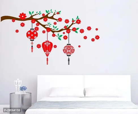 Ghar Kraft Red Flower with Lantern Wall Sticker