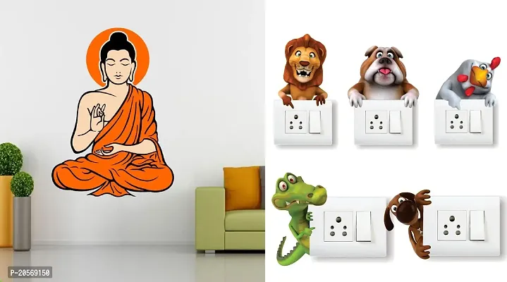 GHAR KRAFT Yogi Buddha Black Wall Sticker and AnimalsSwitch Board Sticker for Room, Hall, Kitchen (PVC Viny)