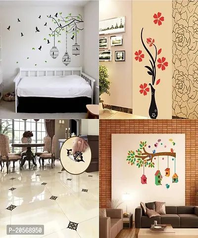 Ghar Kraft Set of 4 Wall Sticker Black with Golden Leaf Floor | Flying Bird with Cage | Flower Vase Red | Flower Vase Red | Flower Vase Red | Bird House On A Branch