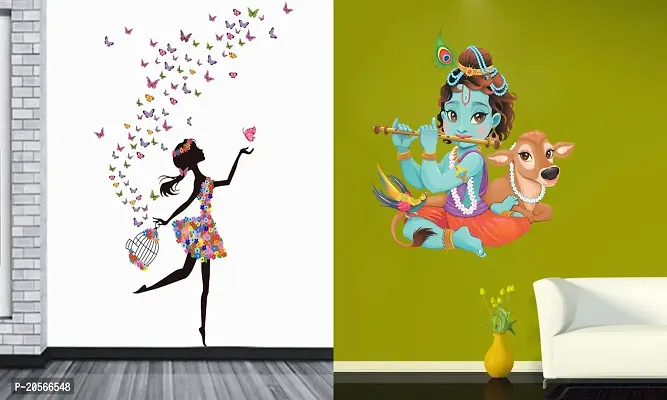 Ghar Kraft Set of 2 Wall Sticker Dream Girl and Lord Krishna Playing with Cow Wall Sticker