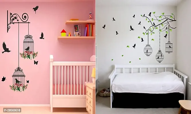 Ghar Kraft Set of 2 Wall Sticker Branches and Cages and Flying Bird with Cage Wall Sticker